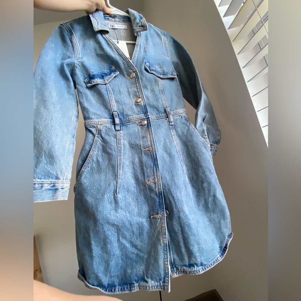 ZARA Denim Midi Shirt Dress Short lapel collar V-neck long sleeves Size XS NWT - Picture 9 of 16